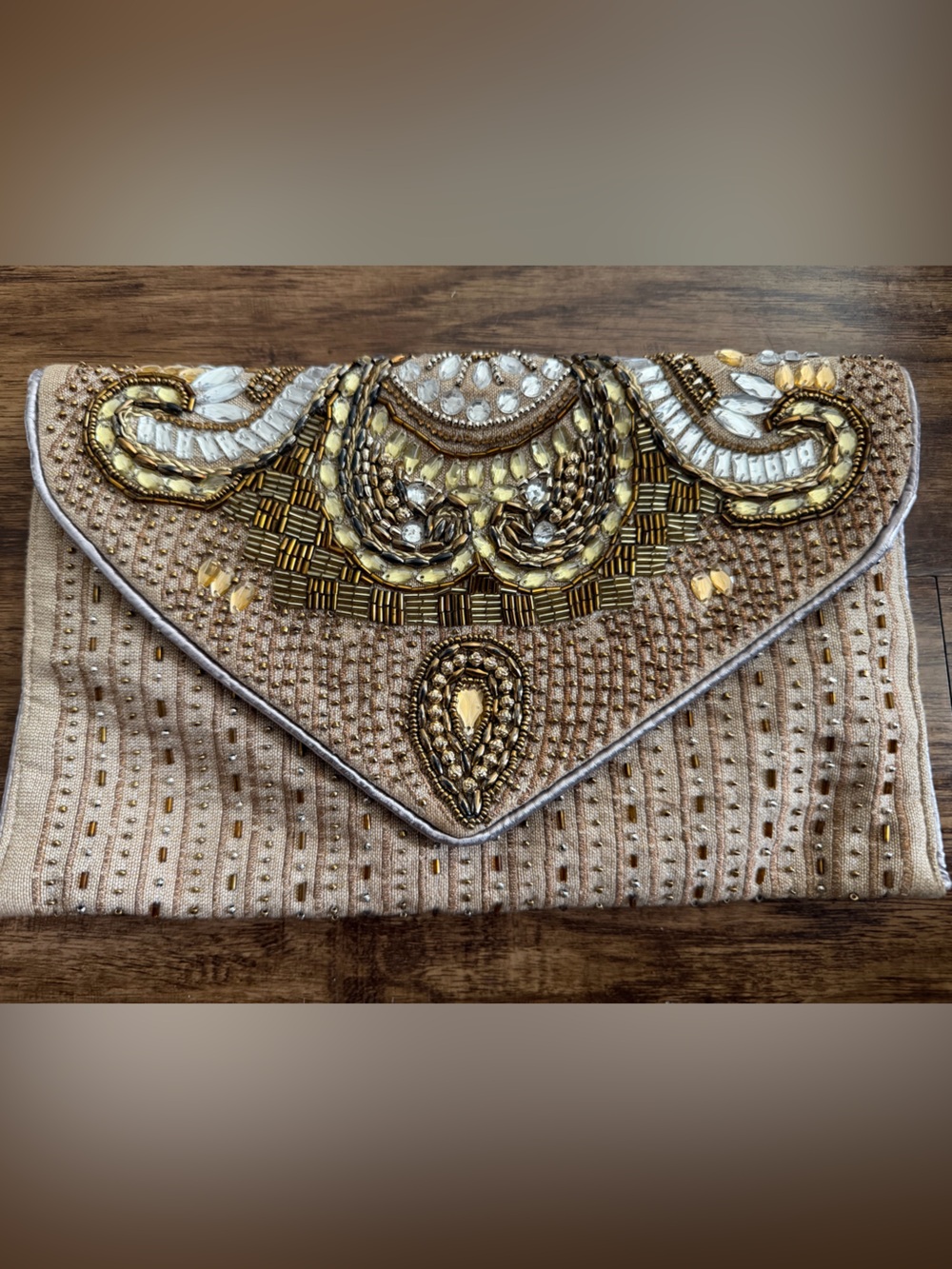 Beaded Embellished Beige Evening Clutch
